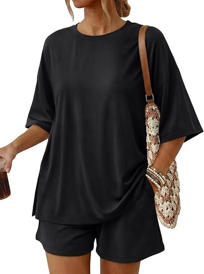 Trendy Queen 2 Piece Summer Set Oversized Top & Loose Fit Shorts with Pockets (Black, S)