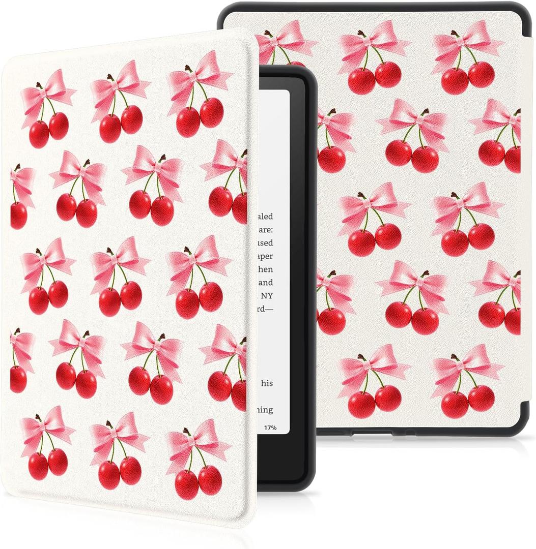 Red Cherry Wreath Bows Case for 7" Kindle Paperwhite 12th Gen 2024 | Compatible with Kindle Colorsoft Signature Edition 2024 with Hand Strap | Slim Leather Protective Cover with Auto Sleep/Wake