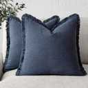 Foindtower Set of 2 Decorative Linen Fringe Throw Pillow Covers Cozy Boho Farmhouse Cushion Cover with Tassels Soft Accent Pillowcase for Couch Sofa Bed Living Room Home Decor, 22×22 Inch, Navy Blue