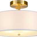12.6" Semi Flush Mount Ceiling Light Fixture, 3 Light Gold Drum Light Fixtures with White Fabric Shade, Modern Close to Ceiling Lighting for Living Room, Bedroom, Hallway, Entry, Foyer