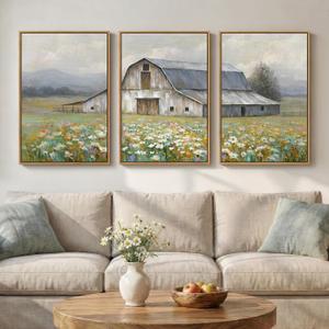 Framed Farmhouse Landscape Wall Art for Living Room, Set of 3 Colorful Floral Barn Large Canvas Prints, Rustic Country Wall Decor for Bedroom Dining Room Hallway 20x30 Inch