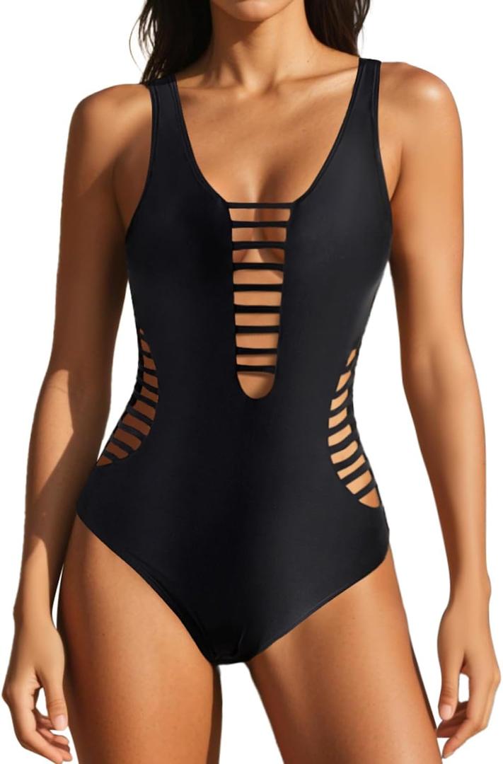 Aqua Eve Women Sexy One Piece Swimsuits Plunge Deep V Neck Cutout Bathing Suits (Medium, Black)