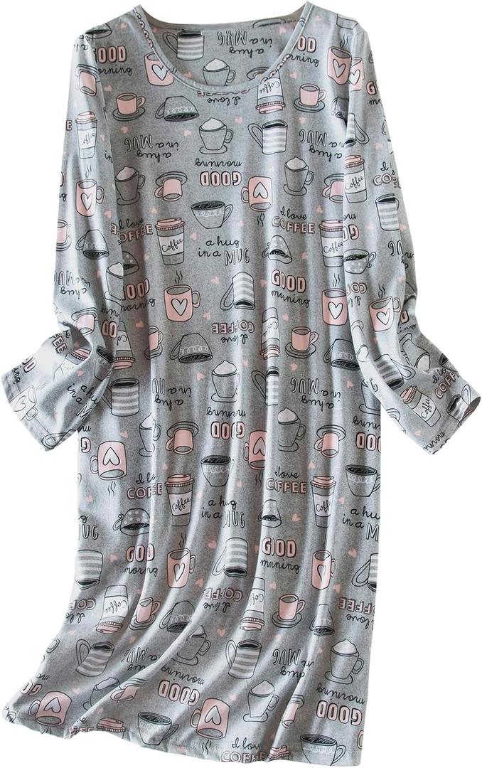 American Trends Nightgowns for Women Long Sleeve Cotton Blend Sleepwear, Knee Length Night Gowns Sleepshirts House Lounge (Medium, Long Grey Cup)