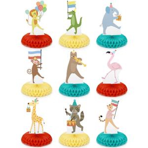 Potchen 9 Pcs Animal Parade Birthday Party Decoration Safari Themed Table Honeycomb Centerpieces Zoo Wild Animals Jungle Birthday Party Supplies Baby Shower Cake Topper Decorations for Boys Girls