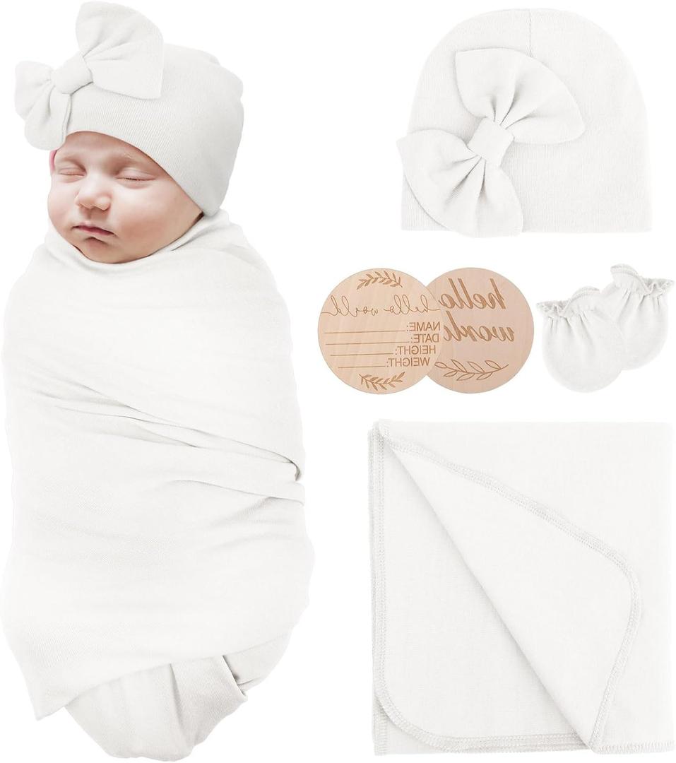 Newborn Receiving Blanket with Bow Hat Mittens Wooden Card Set Newborns Toddler Baby Boy Girl Nursery Swaddle Wrap