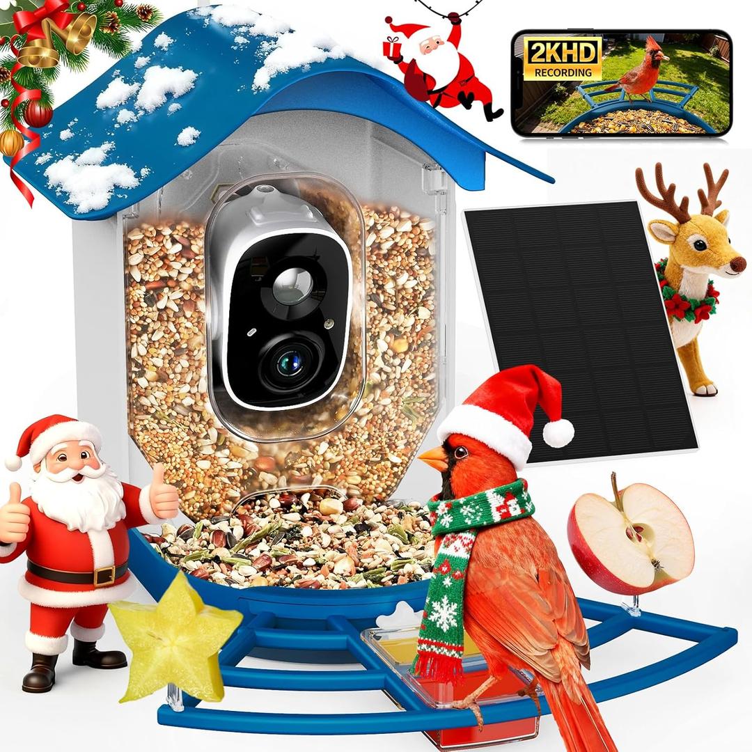 PeckCam Smart Bird Feeder with Camera 2K HD Auto Detect & Notify, AI Identify 10000+ Birds Camera with Solar Panel 5 Perch Attachments Wireless Outdoor Birdwatching Gift for Birds Lover, Blue