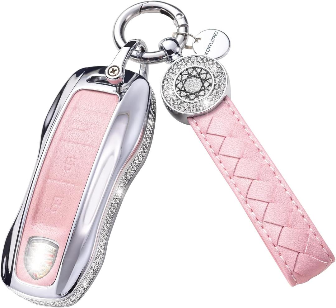 for Porsche Key Fob Cover with Keychain, Pink Key Case Protection Shell Compatible with Porsche Cayenne 911 Taycan Panamera Remote Key (Pink)