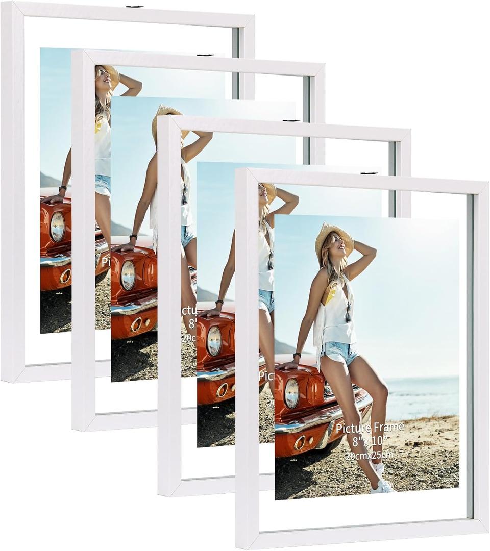 Trwcrt 4 Pack 8x10 Picture Frame, Double Glass Floating Picture Frames Display up to 10 x 12 Photos for Desktop or Wall Hanging, White