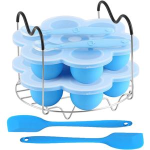 ROTTAY Silicone Egg Bites Molds and Steamer Rack Trivet with Heat Resistant Handles Fit Instant Pot Accessories, 7pcs set for 6qt 8qt Electric Pressure Cooker With 2 Spoons and Silicone Spatula, Blue 