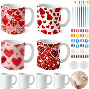 LOYIM Set of 4 Galentines Crafts for Adult Valentines Day Ceramic to Paint Color Your Own Heart Shaped Mugs DIY Painting Kit with Paints, Brushes, Palette for Valentines Couple Activity Art Decoration