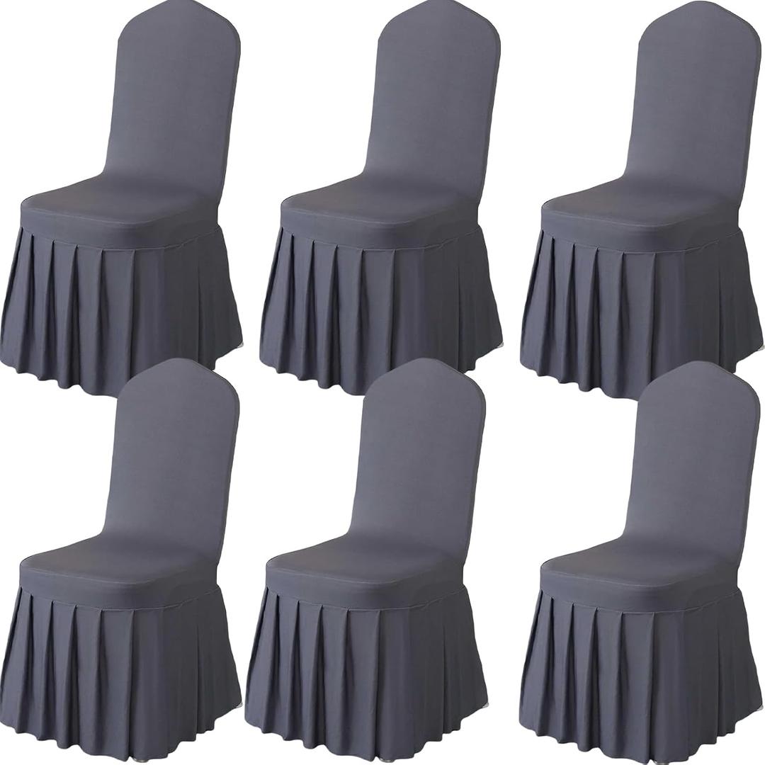 Qubjus 6 Pack Stretch Spandex Dining Chair Covers with Skirt – Washable & Fitted Slipcovers for Dining Room Chairs, Weddings, Home, Hotel Decor – Grey | 7"D x 6"W x 2"H