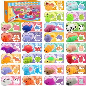 LEASEN 28 Pack Valentines Day Gifts for Kids, Mochi Squishies Party Favor Set with Valentines Animal Greeting Cards for Kids, Valentine's Day Classroom Exchange Gifts Set, School Prizes Party Favor