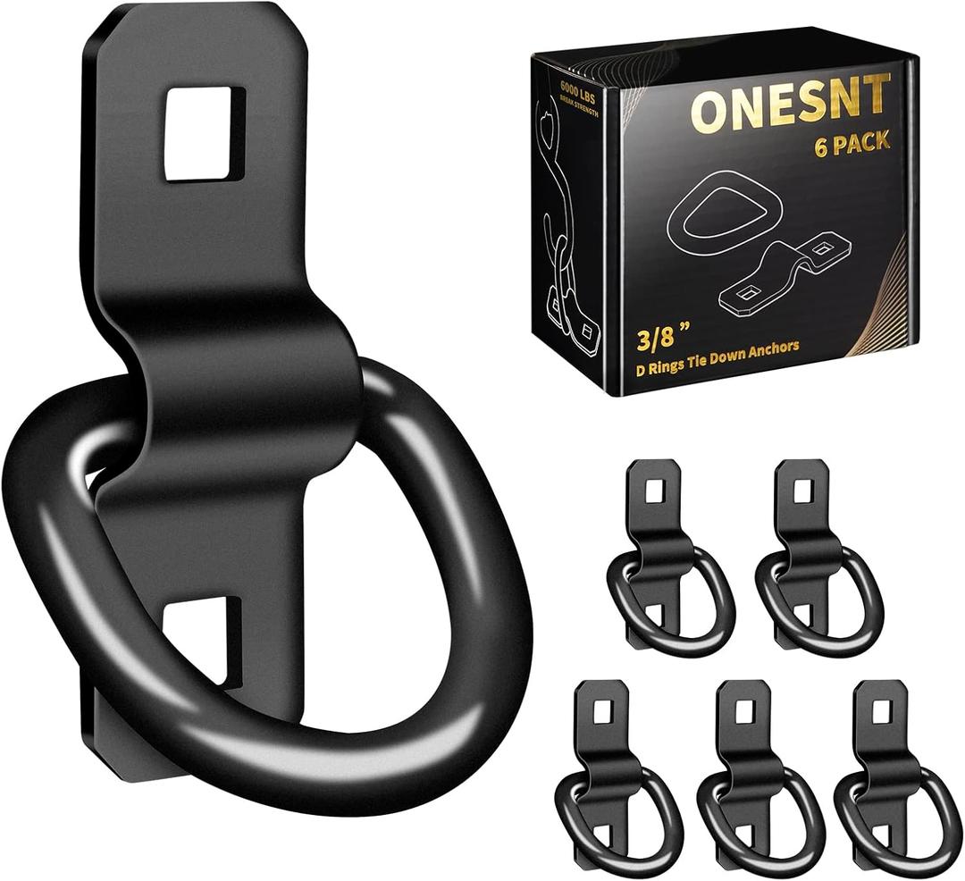 D Rings Tie Down Anchors 3/8 Heavy Duty 6000 Pound Breaking Strength for RV Camper Pickup Trailer Cargo Control, Tying Down Motor Bikers,ATV Surface Mount Bracket Enclosed PointsPack of 6 Black
