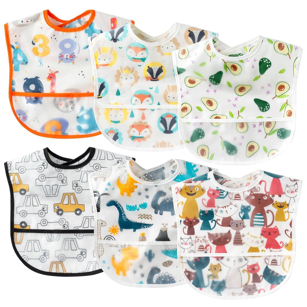 6 Pcs Baby Feeding Bibs Toddler Waterproof Bib Set with Crumb Catcher Pocket Infant Adjustable Baby Teething Bib Babies Food Bibs Keepsake Gift for Baby Shower Christmas New Year, 6-12 Months (Colorful)