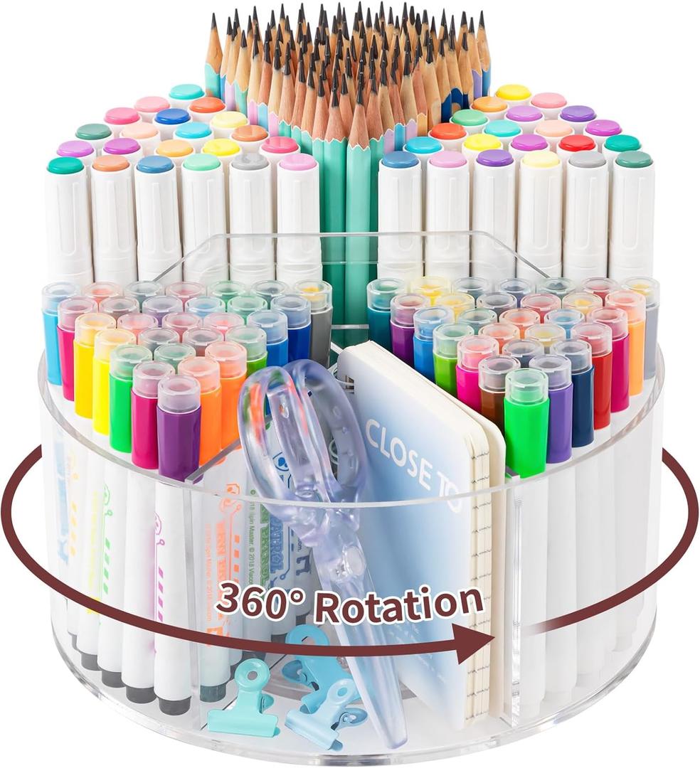Acrylic Pen Holder Pencil Organizer, 360 Degree Rotating Pencil Holder for Desk, Marker Crayon Organizer for Kids Desk Organizer for Office School Home Art Supply Storage