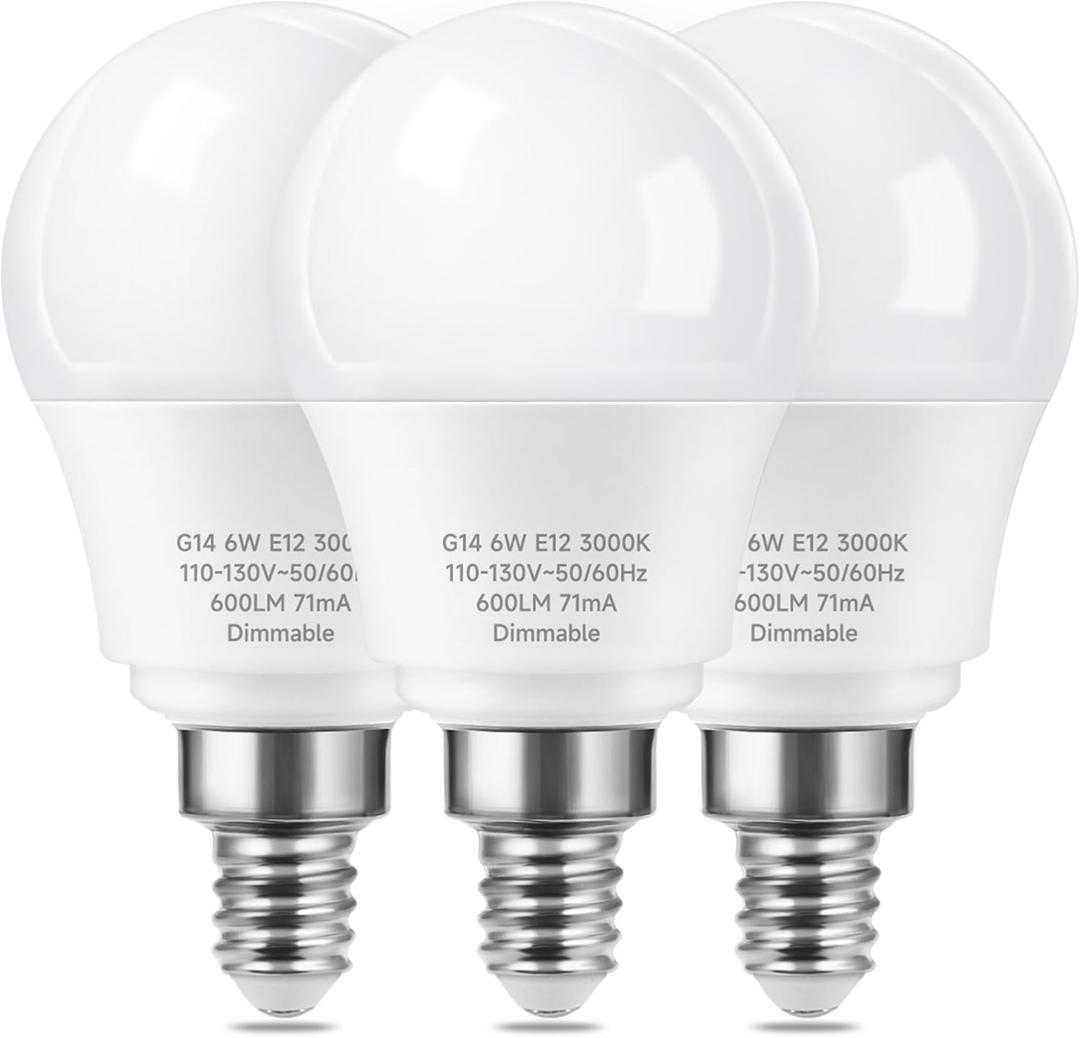 E12 Ceiling Fan Light Bulbs Dimmable, 60w Equivalent LED Bulb, Warm White 3000K, E12 Small Base Candelabra A15 LED Round Light Bulb, 600 Lumen, Pack of 3