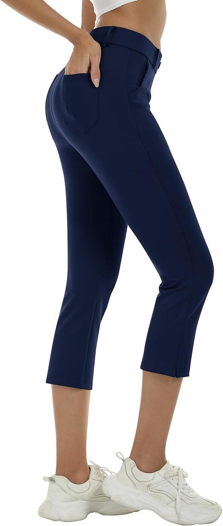 MoFiz Women's Golf Capri Pants Stretch Slim Business Casual Pants Straight Leg Yoga Dress Pants with Pockets Office Slacks (Medium, Navy)