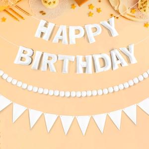 CANREVEL Pre-Strung 3D Rainbow Happy Birthday Banner, 3 PCS Happy Birthday Felt Sign, Pom Pom Garland, Triangle Fabric Bunting, Colorful Reusable Birthday Decorations for Women Men Girls Boys, White