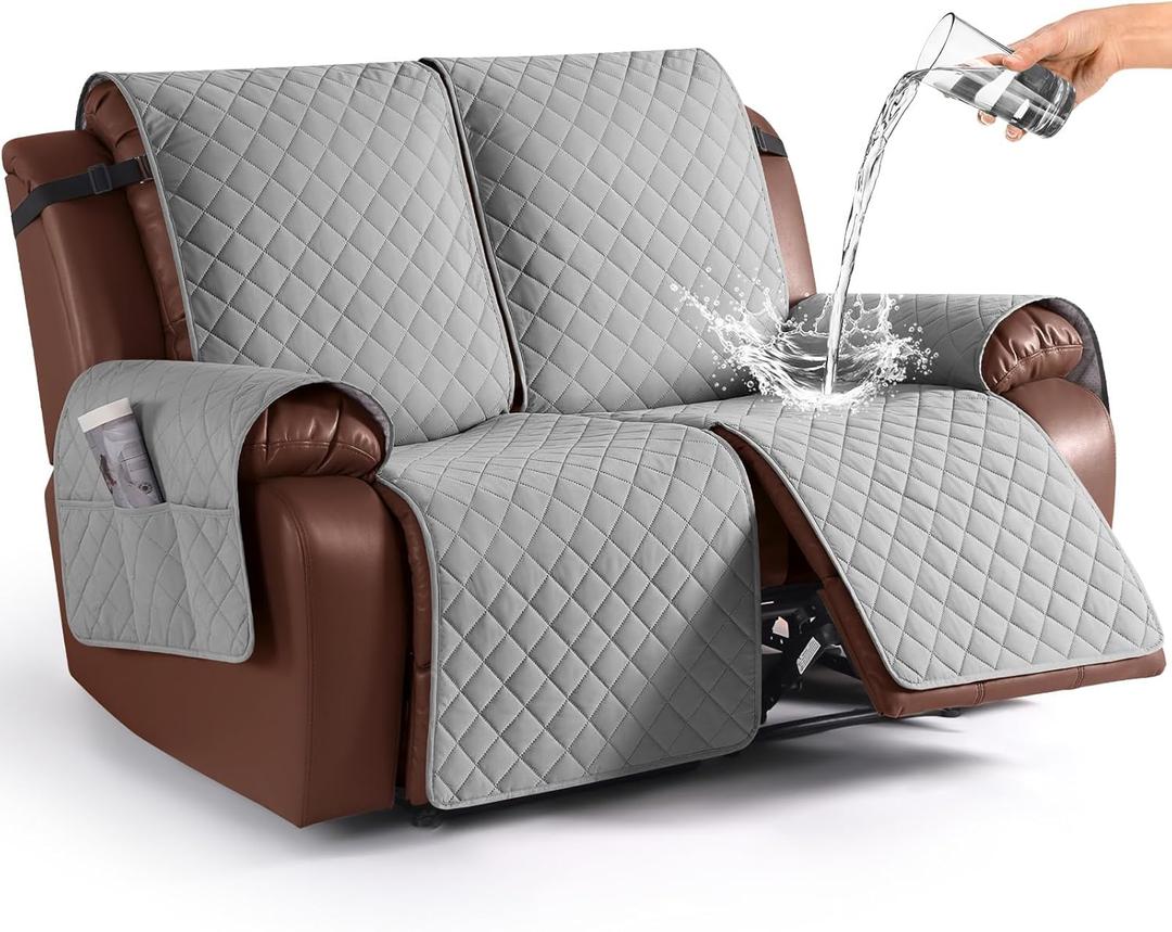 KinCam Loveseat Recliner Covers for 2 Seat, 100% Waterproof Reclining Loveseat Covers, Non-Slip Recliner Cover Furniture Protector with Elastic Straps for Pets, Kids, Light Gray