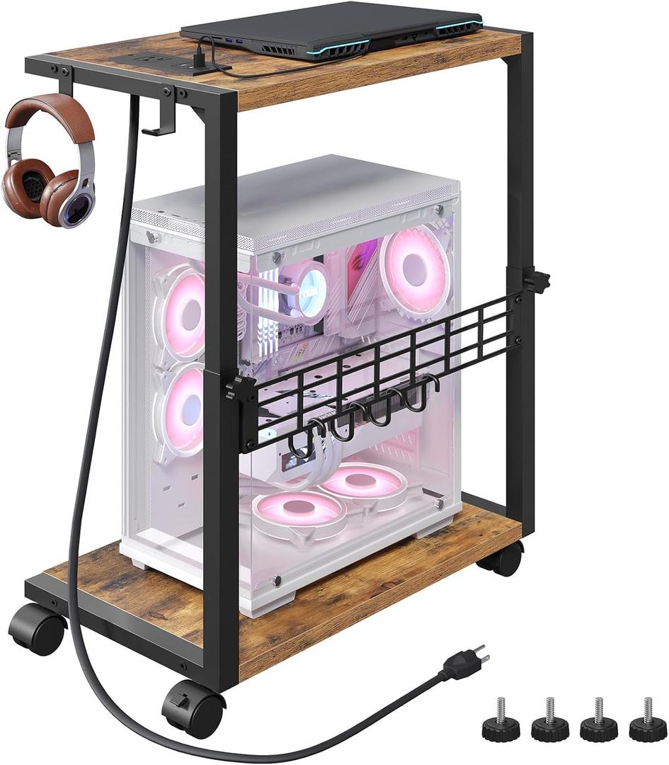 PC Stand with Charging Station, Height Adjustable Computer Tower Stand, 19.7"-31.5" H, Computer Cart with Wheels and Hooks, CPU Holder for Floor, Carpet and Under Desk, Rustic Brown