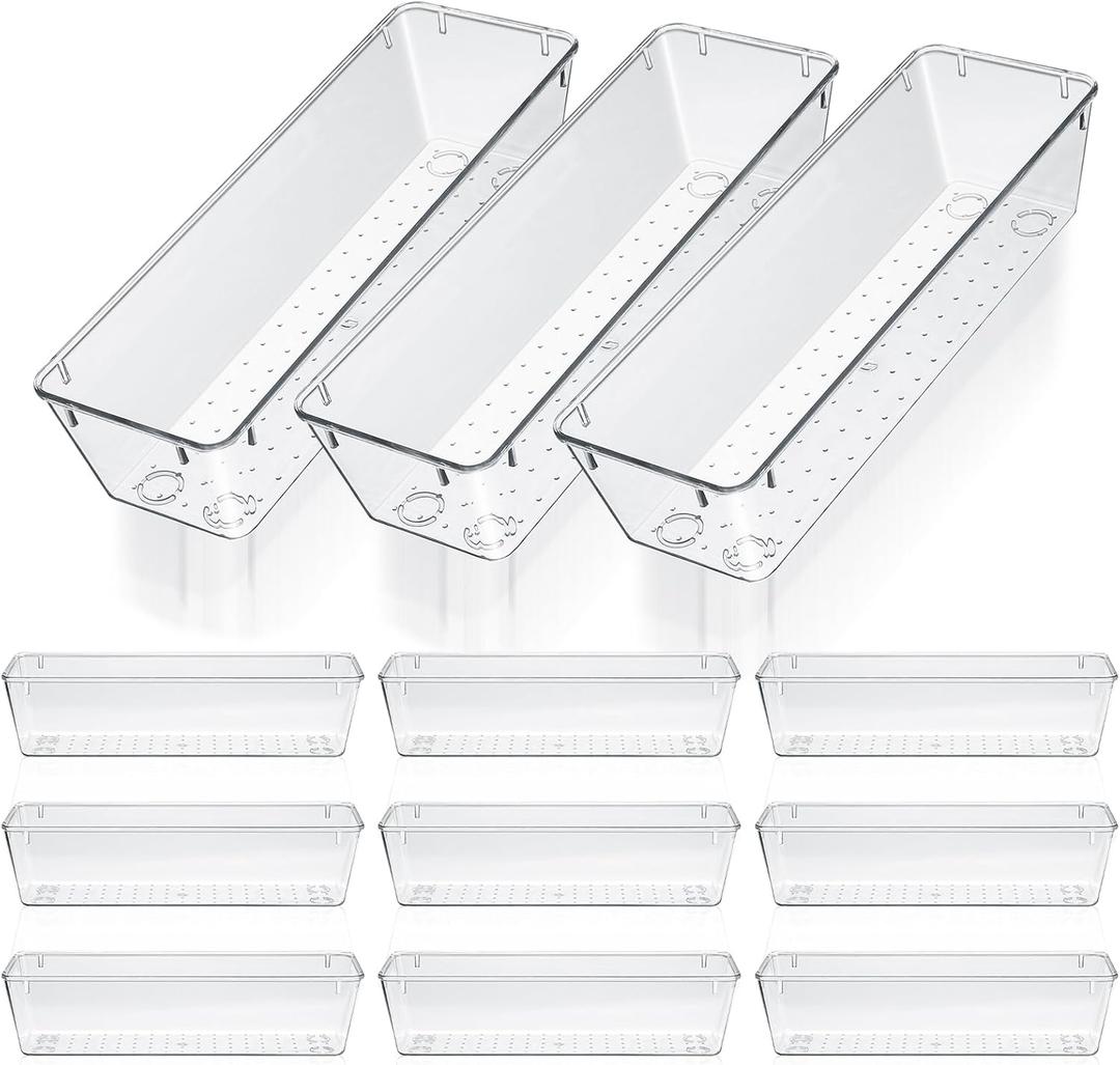 Maquita 12 Pcs Vanity Drawer Organizer 9 x 3 x 2 Inches Clear Plastic Utensil Organizers Kitchen Drawers Dividers for Office Desk Silverware Kitchen Utensils Cosmetics and Bathrooms(Clear)