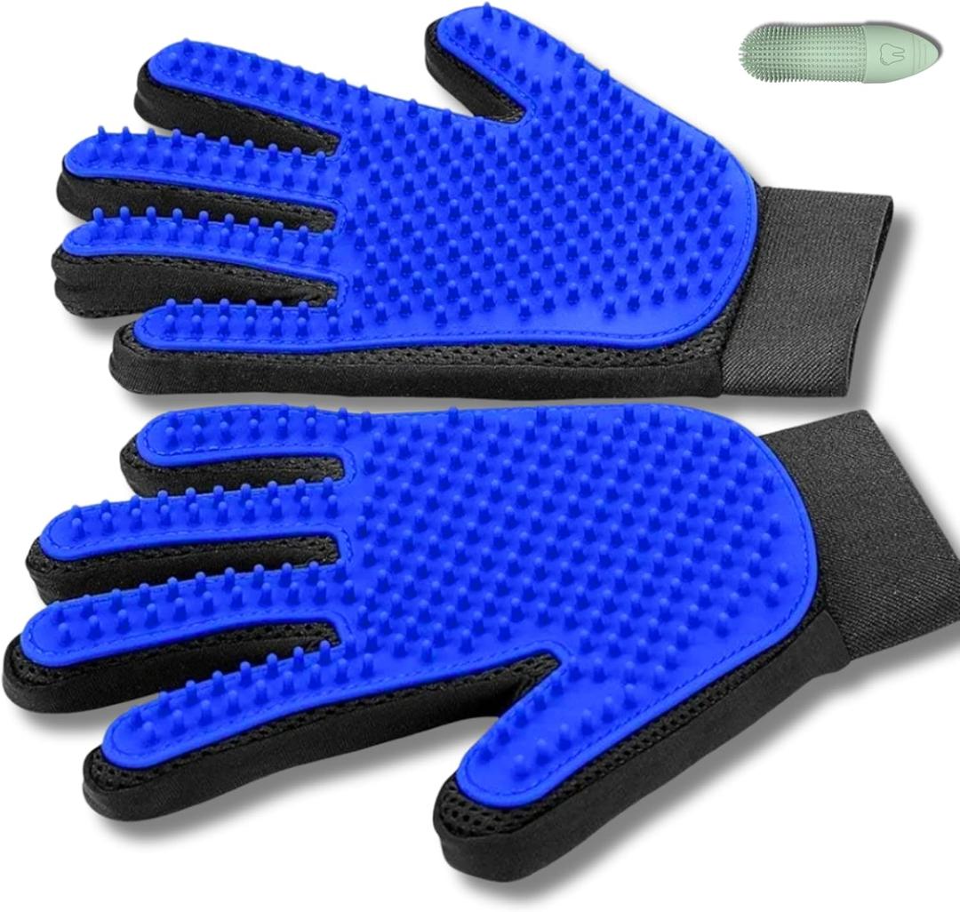 Pet Grooming Gloves for Dogs, Cats & Horses  2-in-1 Deshedding & Massage Mitt  Soft Silicone Tips  Left & Right Hand Set + Bonus Detail Tool