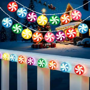 Gejoy 2 Pcs 11 ft Christmas Candy String Lights Decoration 21 LED Battery Operated Fairy Lights in 7 Colors Peppermint Lollipop Sugar Bulbs Outdoor Indoor Birthday Wedding