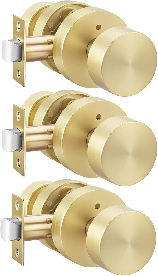 Haidms Pack of 3 Gold Privacy Door Knobs Interior for Bedroom & Bathroom Heavy Duty Brushed Gold Door Knobs Interior, Round Ball Design Door Knob with Emergency Unlock Keyless
