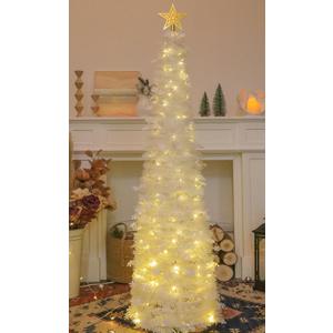 HMASYO 5 FT Pop Up Christmas Tree with Timer Lights, White Tinsel Christmas Tree with Snowflake Ornaments, Collapsible Artificial Pencil Tree Xmas Decoration for Home, Office, Easy Assembly