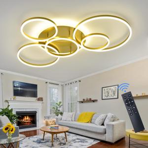 Modern LED Ceiling Light Gold Dimmable 5 Rings Flush Mount Ceiling Light Fixtures with Remote Control 106W 10000LM Ceiling Lighting for Living Room Bedroom Kitchen Dining Room 3000-6000K