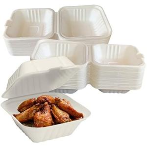 Raj Eco To Go Containers 6" Take out food containers Compostable Clamshell Disposable to-go boxes for food Carryout containers Eco Friendly Hinged Lid Microwave-Safe for Restaurants (White - 50 Pack)