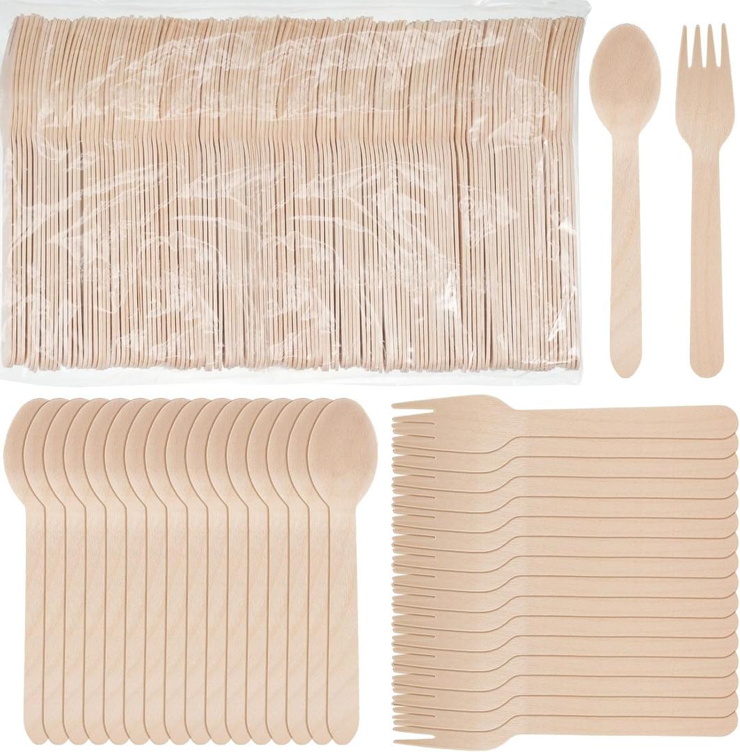 Mumufy 1000 Pcs Disposable Wooden Cutlery Set Bulk Utensils Spoons and Forks Set Forks Spoons Flatware for Weddings Camping Catering Picnic BBQ Party