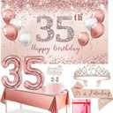 Trgowaul 35th Birthday Decorations Party Set for Women, Rose Gold 35 Birthday Banner and Tablecloth, 35 & Fabulous Sash and Crown, 1PC Happy 35th Birthday Cake Topper, Pink Gold 35 Number Balloons