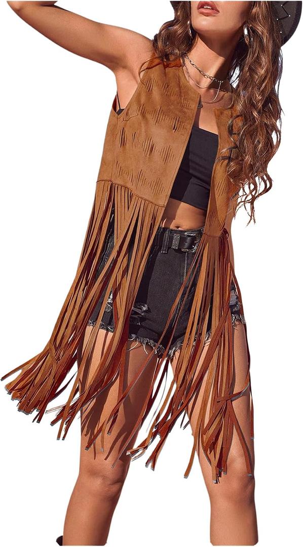 BEAUDRM Women's Fringe Vest Sleeveless 70s Hippie Faux Suede Trim Western Cowgirl Tassel Jacket Cardigan Deep Brown, X-Large