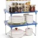 STARLATTA Acrylic Cabinet Organizer Shelf,4 Pcs Stackable Kitchen Counter Shelves, Spice Rack, Countertop Organizers, Clear Plastic Storage Organization for Makeup, Bathroom, Cupboard,Desk, Pantry (2 pack, blue)