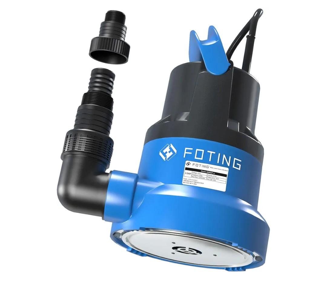FOTING 1/2HP Submersible Water Pump with Stainless Steel Base - Removes Water to 0.04" Depth, 2450GPH Portable Sump Pump for Puddles, Pools, Boats, Gardens & Ponds - 10Ft Cord Included
