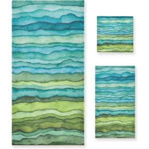 Teal Blue Green Bath Towel Set - 3 Piece Soft Absorbent Watercolor Sea Wave Striped (1 Bath, 1 Hand, 1 Washcloth) - Decorative for Bathroom, Shower, Hair, Face