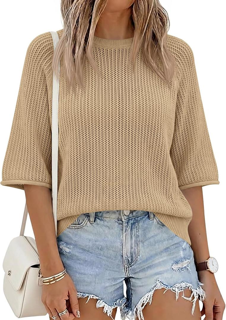 Saodimallsu Womens Short Sleeve Sweaters Crochet Knit Casual Crew Neck Lightweight Summer Trendy Sweater Tops (Beige)
