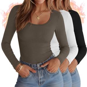 Ficerd 3 Pack Women's Thermal Long Sleeve Shirts Fleece Lined Scoop Neck Stretch Fitted Tops Winter Base Layer Underwear (Black, White, Light Brown)