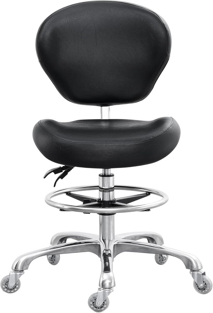 Grace&Grace Drafting Chair Adjustable Tall Shop Stool, Rolling Stool with Back Support for Studio, Classroom, Lab, Counter, Medical (Black)