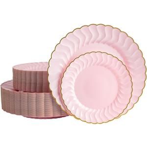 80pcs Pink Scalloped Plastic Plates With Gold Rim, Include 7 inch and 10 inch disposable Plastic Plates for Party, Wedding, Birthday