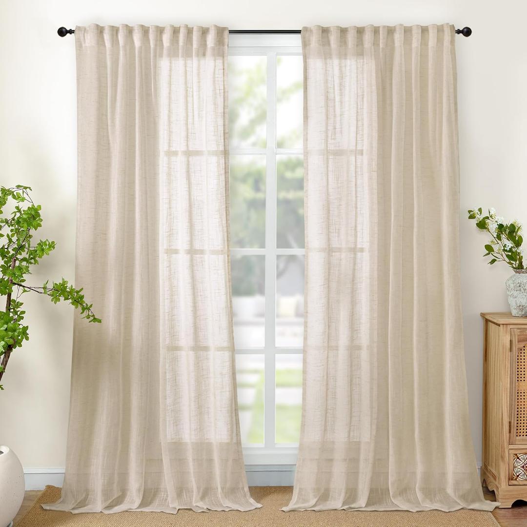 YoungsTex Extra Long Linen Farmhouse Curtains 108 Inch Length - Natural Light Filtering Drapes Semi Sheer with Rod Pocket Back Tab for Living Room Bedroom Windows, Oatmeal, 2 Panels, 52 X 108 Inch