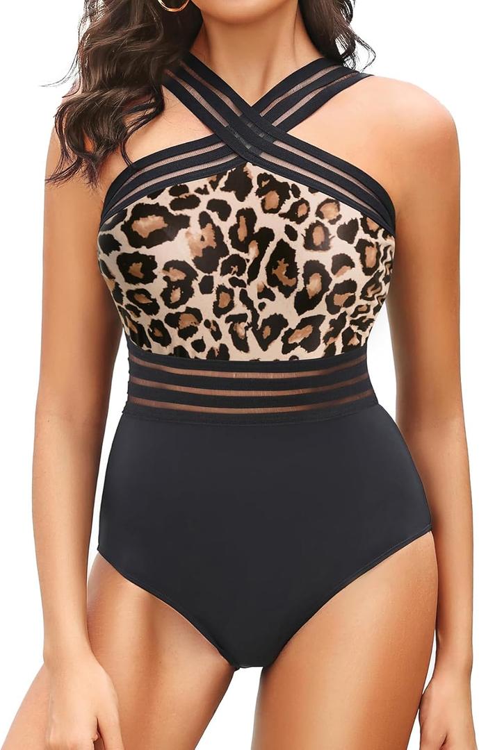 Tempt Me Women Crisscross One Piece Swimsuit Tummy Control Bathing Suit Front Crossover Swimwear (Black Leopard)