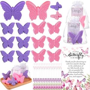 50 Sets Butterfly Themed Baby Shower Favors Butterfly Soap with Thank You Cards Gift Bag for Guest Gender Reveal Party Decorations Baby Shower Game Prizes Wedding Favor(Pink and Purple)