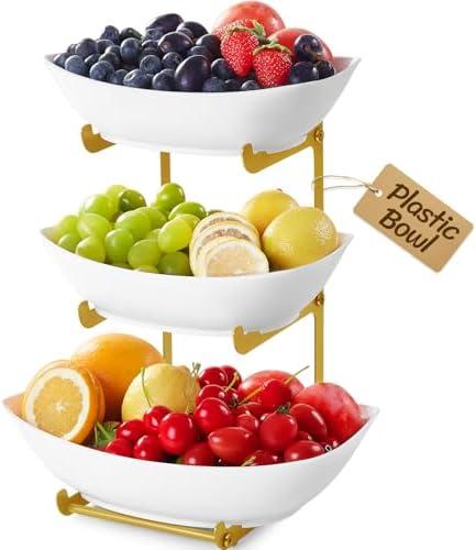 Lifewit Plastic Fruit Bowl Basket for Kitchen Countertop, 3 Tier Fruit Holder with Gold Metal Stand, Serving Tray for Food, Vegetable, Cake, Dessert in Party