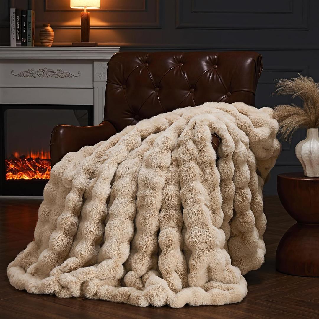 Faux Fur Throw Blanket for Couch, Fluffy Fuzzy Plush Bubble Blanket, Soft Warm Cozy Shaggy Rabbit Blanket, Luxury Decorative Gifts for Sofa Bedroom Living Room, 60x50inch (Naked Color)