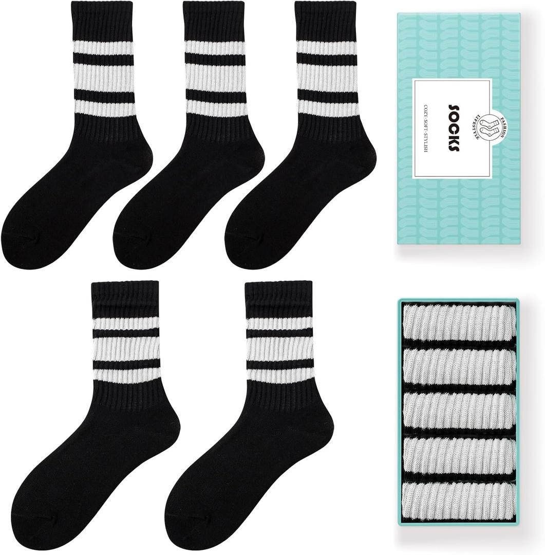 HUGSWEET Striped Retro Crew Breathable Cotton Soft Socks for Women Athletic Casual Thin Novelty Socks for Women or Men (12-15, Black-01)