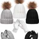 6 Pcs Winter Beanie Hat Gloves Set Pom Knit Unisex Warm Fleece Lined Hat Touchscreen Gloves for Women Men Couples Friends