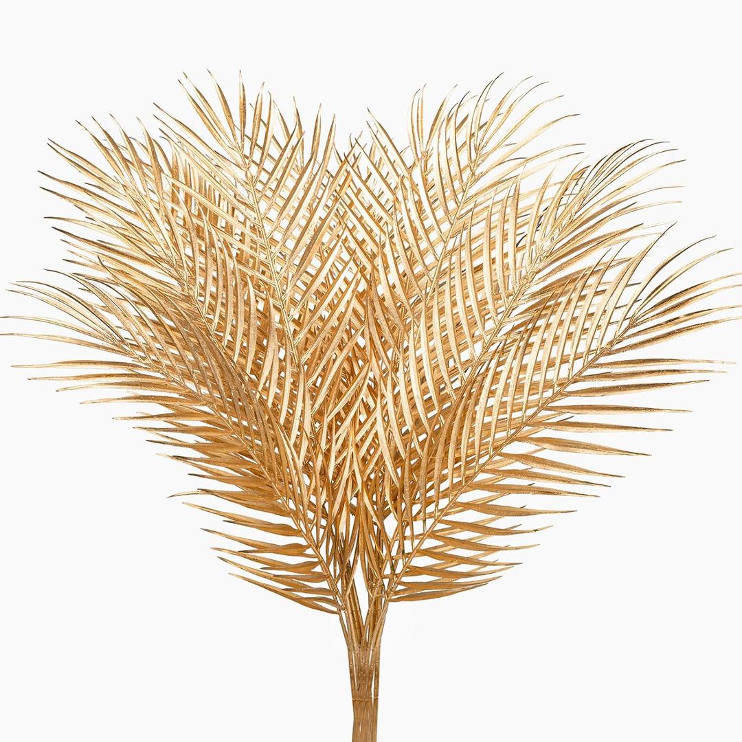 29" Large Gold Palm Leaves Palm Fronds Tropical Leaves Areca Palm Branches Artificial Palm Leaves with Stem Golden Palm Tree Leaves Faux Palm Leaves for Floral Arrangement Fake Gold Leaves 12Pcs
