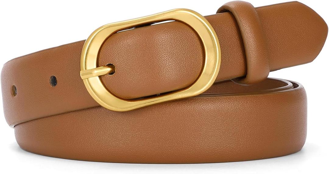 SANSTHS Women Belt for Jeans with Vintage Gold Oval Buckle, Thin Belt for Dresses Pants, Adjustable Waist Belt for Daily Fashion, Brown L